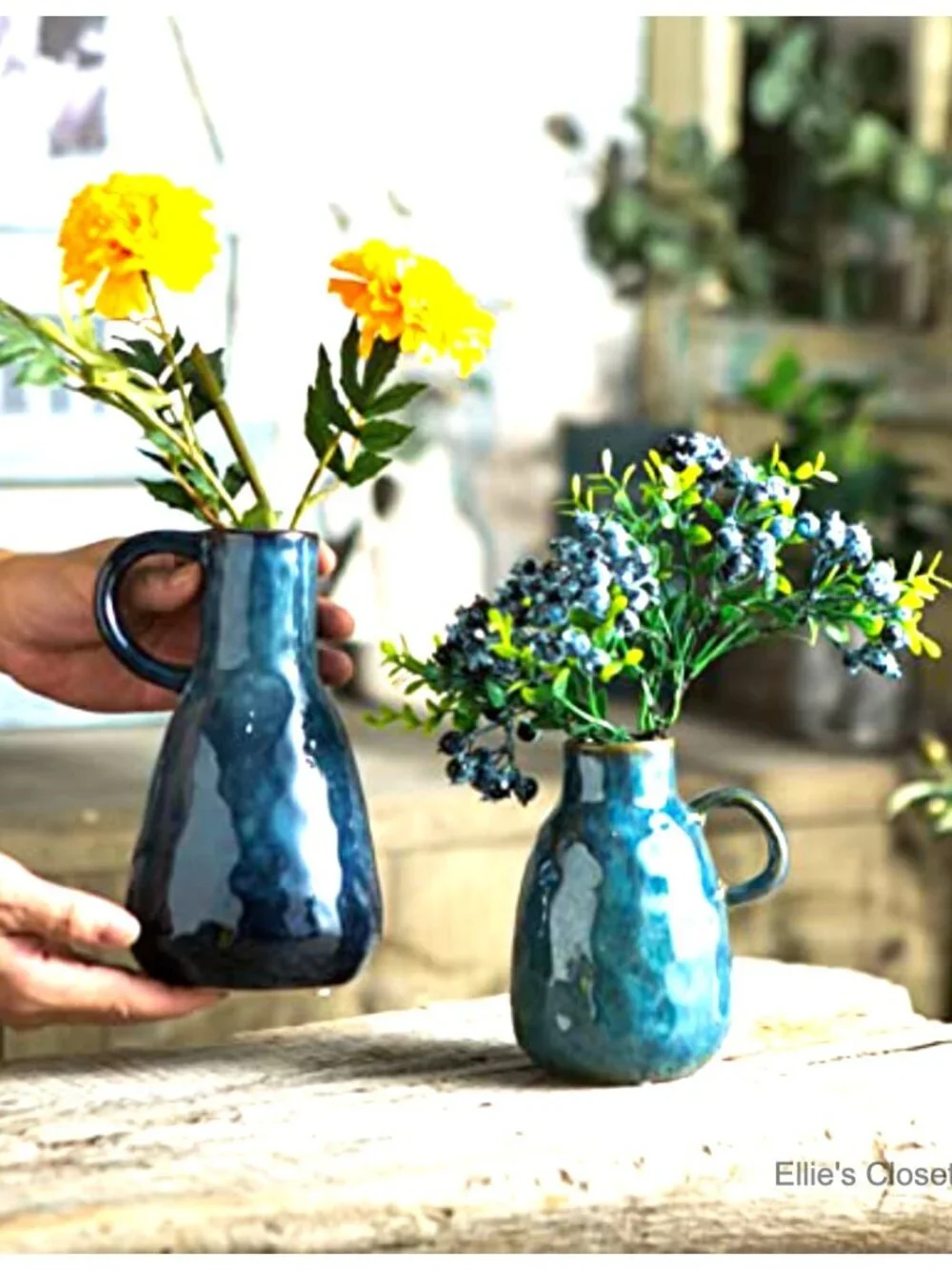 Blue Glazed Ceramic Vase Set of 2 with Handles, Farmhouse Decor, Centerpiece